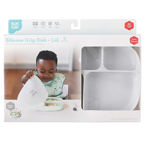 Bumkins Toddler and Baby Suction Plate, Silicone Divided Grip Dish and Lid, Large 5-Section Tray for Kids, Essentials in Children Feeding Supplies, Non Skid Stick Bottom, for Ages 6 Months Up, Marble - color: B1 Marble-Lg GD Lid