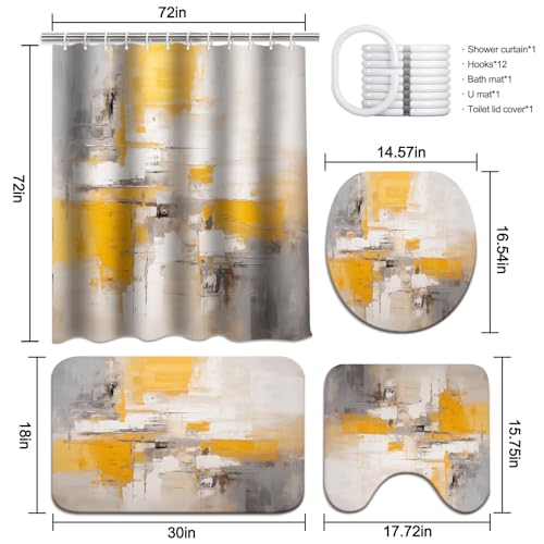 Lnond 4Pcs Bathroom Shower Curtain Sets with Rugs,Yellow Grey Ombre Bathroom Sets with Shower Curtain and Rugs and Accessories - color: Yellow Grey