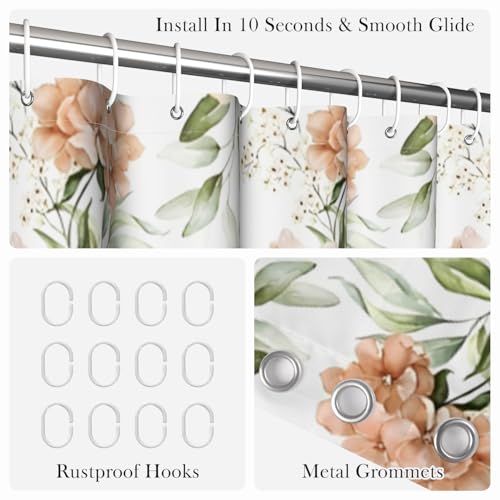Vintage Floral Shower Curtain 74 Inches Long - Peach Rose & Sage Green Botanical Shower Curtain with Rustproof Hooks, Waterproof Fabric Bath Curtain for Modern Farmhouse Bathroom Decor - color: Floral-k