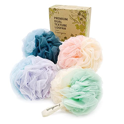 Spongentle Shower Loofah Bath Sponge, Body Scrubber with Soft Mesh, Exfoliating Bath Pouf and Body Wash Sponge for Women and Men, Bath Accessories Cleaning Tool, Large 60g 4 Pack - style: Lavender Mist