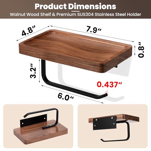 Toilet Paper Holder with Walnut Wood Shelf - Wall Mount & Self-Adhesive Bathroom Tissue Holder, Black Stainless Steel with Walnut Shelf for Phone - Home Apartment Restroom Decor Essentials - color: Walnut & Matte Black
