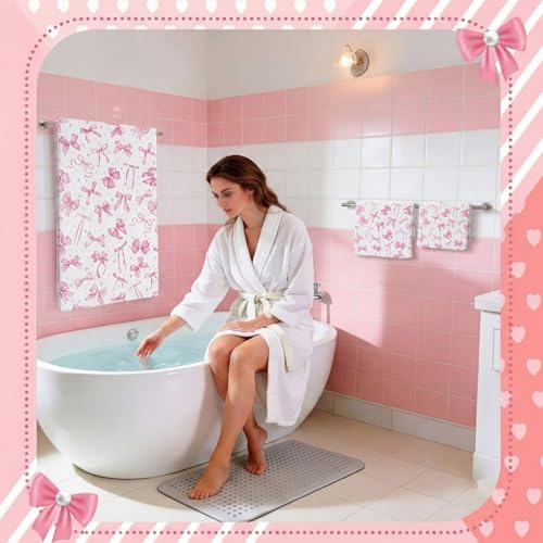 Moukeren Set of 3 Pink Bow Bath Towels Cute Coquette Bow Bath Towel Hand Towel and Washcloth Soft Decorative Towels for Girls Womens Bathroom Kitchen Pool Gym Spa Yoga - style: Pink Bow
