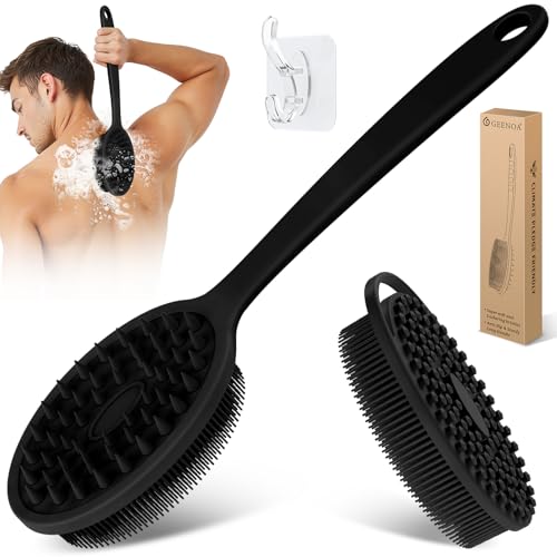 Silicone Back & Body Scrubber Set 2PCS, 13.4'' Gentle Exfoliating Back Scrubber with Dual-Side Head and Non-Slip Handle, Hygienic Silicone Loofah with Soft Bristles and Massage Dots(Black-2PC) - color: Black*2