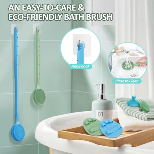 Silicone Back/Face Scrubber & Soft Bath Glove 3PCS, 16''- 24'' Extendable Shower Back Scrubber, 360° Anti-Slip & Hand-fit Silicone Body Scrubber, Manual Face Brush for All-Round Cleaning(Blue) - color: Blue*3