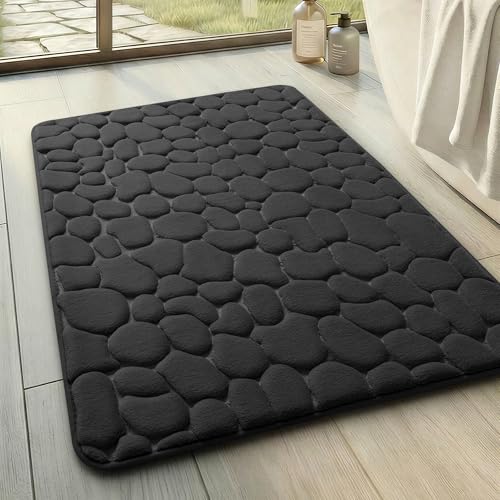 YIHOUSE Bathroom Mat Rug, Memory Foam Bath Mat, Non-Slip Bathroom Floor Mats, Cobblestone Bath Mats Absorbent Bath Rugs Washable Quick Dry (17x24,Black) - color: Black Single, size: 1'5" x 2' (Rectangular)