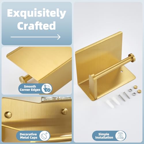 APLusee Brushed Gold Toilet Paper Holder with Shelf, 304 Stainless Steel Wall Mounted Compact Bathroom Tissue Hanger - color: Brushed Gold, size: Single Rod