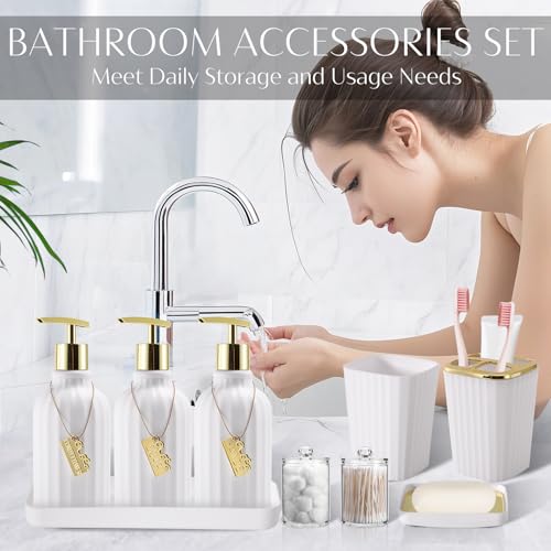 17PCS Bathroom Accessories Set, White Bathroom Set Bathroom Accessories Set with Trash Can, Toilet Brush, Toothbrush Holder, Qtip Holder & 3PCS Soap Dispenser - size: Bath Set with Press-Top Trash Can, style: White