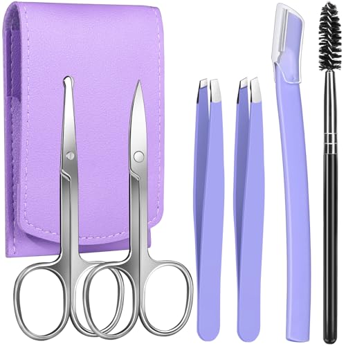 FANDAMEI Eyebrow Scissors, Eyebrow Kit, Eyebrow Tweezers for Women, Eyebrow Razor, Eyebrow Brush. Eyebrow Kit for Men with Leather Case. Eyebrow Scissors for Women Facial Hair Ingrown Hair Removal - color: Purple