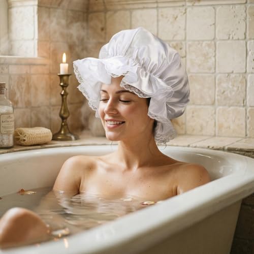Shower Cap for Women, Reusable Waterproof Shower Cap, White Lace Trim Bath Caps for Long Curly Thick Hair, Hair Caps with Soft Elastic for Showers, Skincare, Cooking, Spa and Travel Use
