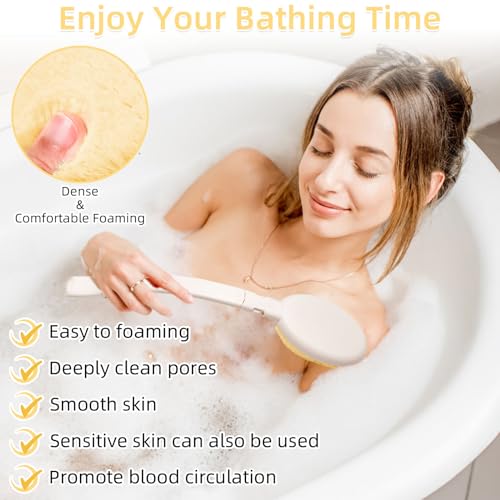 LFJ 19" Long Handle Shower Sponge Brush Set, 3 in 1 Body Brush, Bath Sponge and Lotion Applicator Improved Skin Health, Suitable for Men and Women (White Brush-2P) - size: 2P