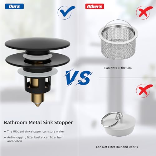 Hibbent All Metal 2 in 1 Bathroom Sink Stopper, Universal Pop Up Drain Strainer, Brass Bullet Core Push Type Sink Stopper for 1.1''~2.3'' Basin, Big Push Button, Anti Clogging Filter, Matte Black - color: Matte Black