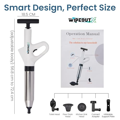 High-Pressure Toilet Plunger with Pressure Gauge, Manual Air Drain Blaster with 4 Attachments, 2 Hair Clog Removers and Reusable Gloves, Unclogs Toilet Shower Bathroom Drains