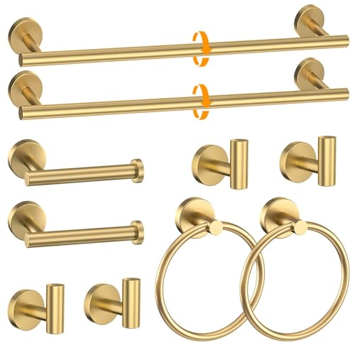 Brushed Gold Towel Bar Set 10 Pieces Round Bathroom Hardware Set Includes 23.6in Towel Bar Towel Ring Toilet Paper Holder Towel Hooks Stainless Steel Wall-Mounted Bathroom Towel Holder Set - color: 10pcs Brushed Gold