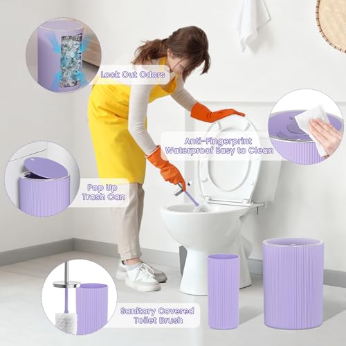Purple Bathroom Accessories Set - Bathroom Sets, 25PC Bath Accessory Set, Bathroom Sets with Push Top Trash Can, Shower Curtain and Rugs, Toilet Brush, Trash Can & Soap Dispenser - color: Purple & Silver, size: 25-Piece Set (Accessories + Shower Curtain +