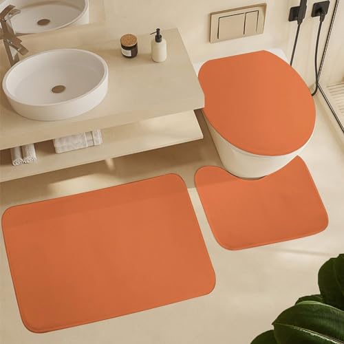 Bathroom Rugs Set 3 Piece Elegant Simple Rich Orange Bath Rug Mat Set, Non Slip Absorbent Bathroom Decor Mat, Toilet Lid Cover & U Shaped Contour Rug - color: Rich Orange, size: 1'8" x 2'6" (Rectangular)