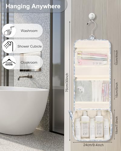 Relavel Small Hanging Toiletry Bag for Men and Women, Portable Hanging Organizer for Travel-Sized Shower Dopp Kit, Waterproof Toiletries Organizer with 3 Compartments for Outdoor - Blue Flower - color: 01 Blue Flower, size: Small