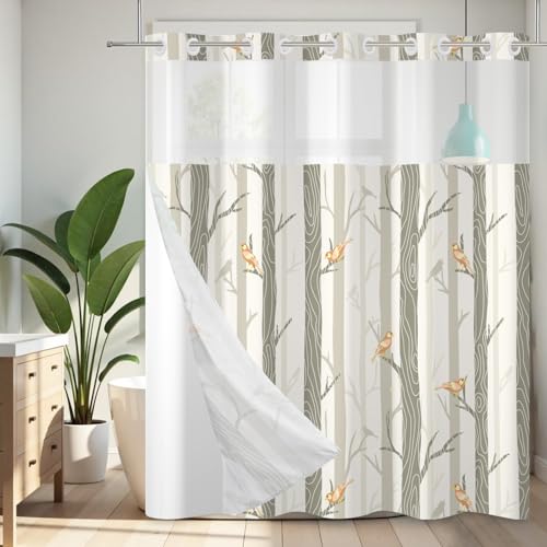 No Hook Shower Curtain with Snap in Liner, Yellow Bird Tree Fabric Shower Curtain Set for Bathroom, Hotel-Quality, See Through Top Window Design, 59" W x 79" L - color: 05 Bird - Yellow, size: 59"W x 79"L (Pack of 1)