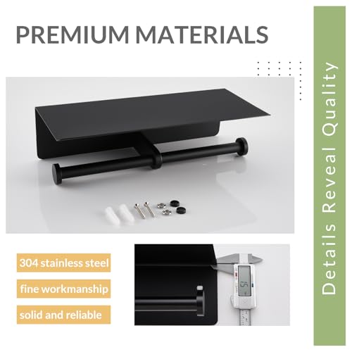 Toilet Paper Holder with Phone Shelf, APLusee SUS 304 Stainless Steel Bathroom Tissue Holder, Double Roll Paper Dispenser Wall Mounted, Matte Black - color: Matte Black, size: Double Rod