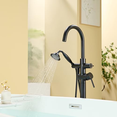 Wowkk Tub Filler Freestanding Bathtub Faucet Black Floor Mounted Brass Bathroom Tub Faucets with Hand Shower - color: Black