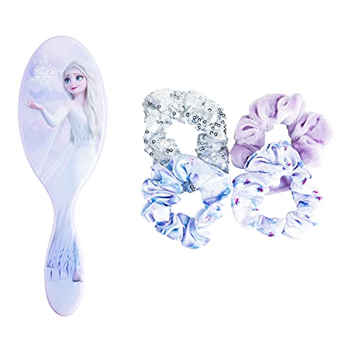 Frozen Princess Elsa Hair Accessory 5 Pcs Set - 1 Regular 9 inch Frozen Hairbrush & 4 Frozen Scrunchies - Detangling Brush & Elastic Hair Ties Ropes for Girls, Ages 3+ - color: Elsa 5 Piece Hair Accessories