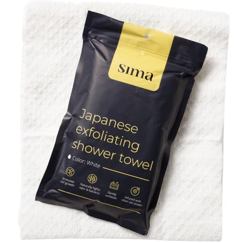 Sima Brand Exfoliating Washcloth Face & Body Scrub Towel - Japanese Exfoliating Towel with Hexagon Fibers, Body Scrubber with 2 Sides for Scrubbing & Washing, Extra Long Body Towels (White) - color: White