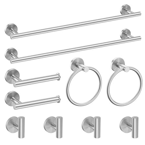 Newfun 10-Pieces Bathroom Hardware Set, Includes 24 Inch Towel Racks for Bathroom Wall Mounted, Toilet Paper Holder, Towel Hooks for Bathrooms, Towel Rings for Bathroom Wall (Brushed Nickel) - color: Brushed Nickel-ring