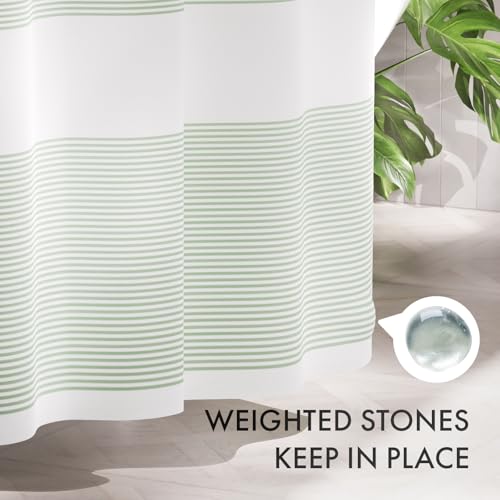 AmazerBath Shower Curtain, Washable Cloth Sage Green with 12 Shower Curtain Hooks, Fabric Green and White Striped Set, Farmhouse Bathroom Shower Curtain, 72x72 Inches - color: A- Sage Green Stripe +12 Metal Hooks, size: 72"W x 72"L (Pack of 1)
