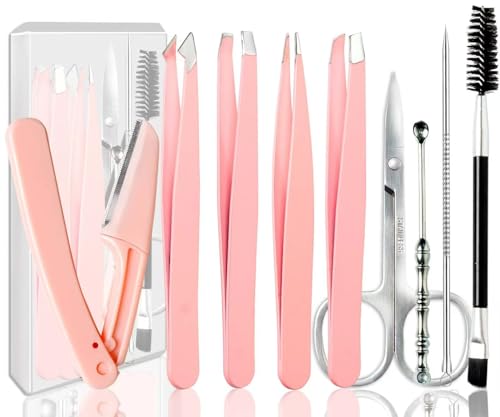 Tweezers for Women Facial Hair Eyebrow Kit Tweezer Set Pink | Removal Tweezers Professional [9+1 PCS] Professional Stainless Steel Women &Men,Black Beauty Sets - color: Pink