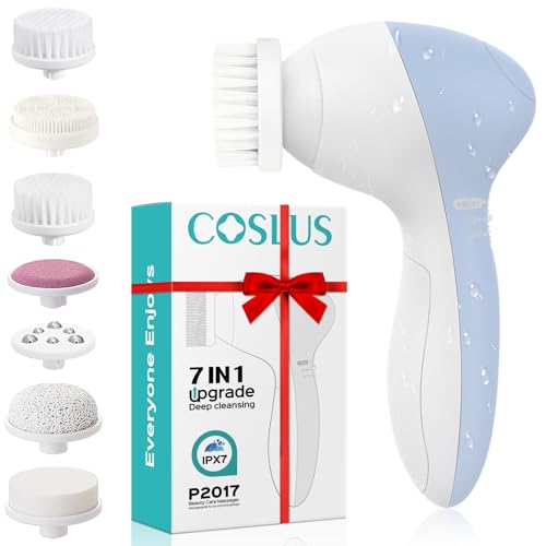 COSLUS Facial Cleansing Brush Silicone Face Scrubber: 7 in 1 FBS-D Electric Exfoliating Rotating Massage Device Waterproof Deep Cleaning Exfoliation Spa Machine - Electronic Skin Care Wash System - color: Light Blue, size: With 7 brush heads