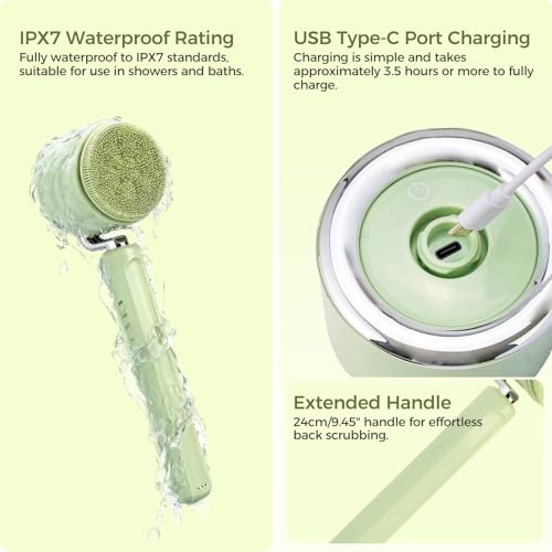 Electric Body Bath Brush for Shower, Rechargeable Body Brush with Detachable Long Handle and 5 Heads, 3 Speeds Bath Brush for Skin Care, Basic Cleaning and Massage (Sliver)