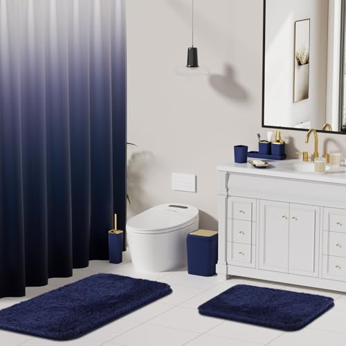 XLHOMO Bathroom Set - Navy Blue Bathroom Sets with Shower Curtain and Rugs, 24PCS Shower Curtain Set with Hooks, Soap Dispenser, Soap Dish, Toilet Brush Holder and Trash Can for Housewarming - color: Navy Blue and Gold, size: Bathroom Set+Shower Curtain+B