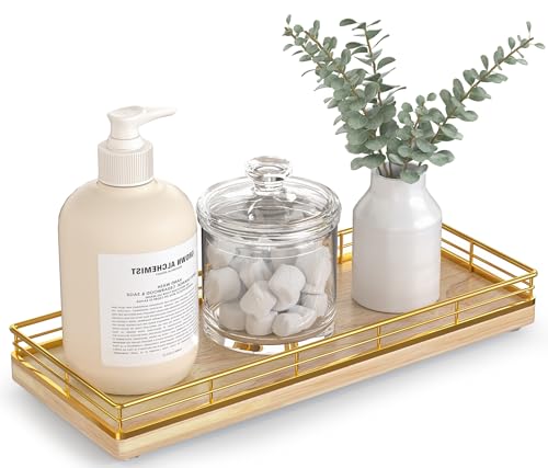 Bathroom Tray for Counter Top Organizer, Oak Wood Vanity Tray | Metal Frame for Dresser, Kitchen & Nightstand, Gold & Oak Decorative Storage - color: Gold & Oak, size: 11" x 4.5" x 1.5"