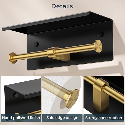 FORIOUS Double Toilet Paper Holder with Shelf, Wall Mount Tissue Roll Holder for Bathroom, 304 Stainless Steel Commercial Toilet Tissue Dispensers with Phone Shelf (1, Matte Black & Brushed Gold) - color: Matte Black & Brushed Gold