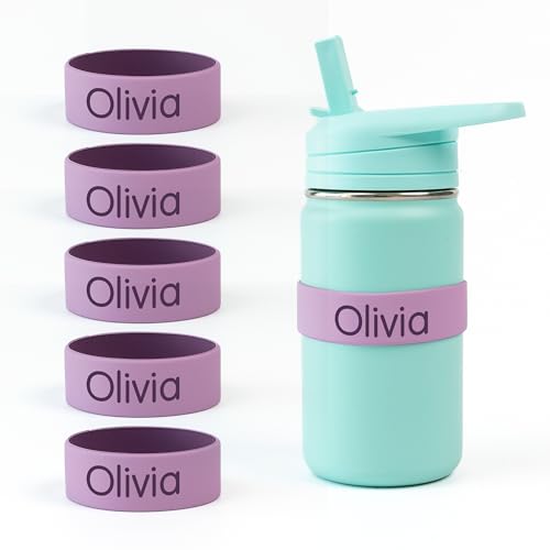 Mabel’s Labels Personalized Two-Tone Engraved Silicone Name Bands – Reusable Dishwasher-Safe Name Bands for Water Bottles, Sippy Cups & Drinkware (Purple & Light Purple, 5 Pack) - color: Purple, size: 5 Count (Pack of 1)