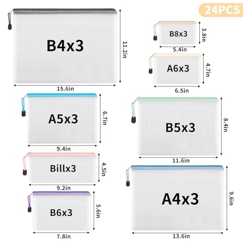 EOOUT 24pcs Mesh Zipper Pouch, Waterproof Zipper Bags, 8 Sizes Plastic Travel Pouch, 8 Colors, Multipurpose for Office Supplies and Travel Storage - style: Multicolor-24pcs