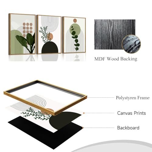 Bwodke Boho Wall Art, Framed Abstract Wall Art, Plant Canvas Wall Decor, Mid Century Line Leaf Geometric Pictures Set of 3, Minimalist Paintings, for Bedroom Living Room Bathroom 16"x24" - color: Boho Plant, size: 16"x24"Natural