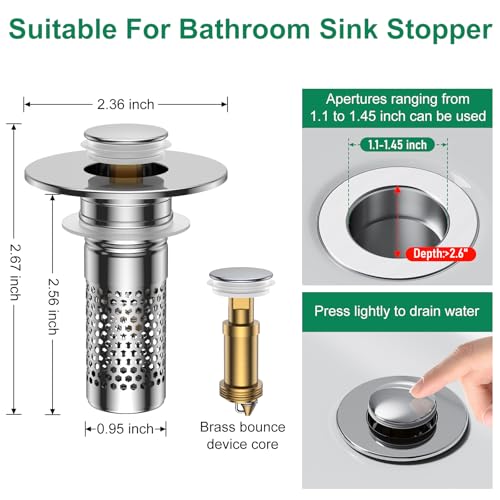 Bathroom Sink Drain Strainer,Universal Pop-Up Sink Stopper Hair Catcher, Anti-Clog Stainless Steel Drain Filter Basket, Removable Sink Drain for Bathroom Sink Stopper - color: Silver-3pack