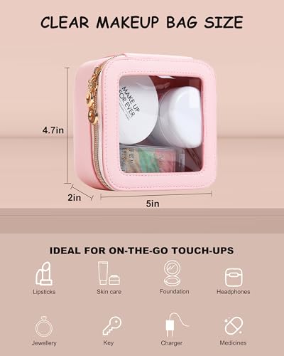 Small Clear Makeup Bag for Purse, Cute Mini Clear Cosmetic Bag Case Organizer, TSA Approved Square Small Makeup Case Pouch with Zipper, Car Travel Purse Essentials for Women (Pink, S) - color: Pink, size: Mini
