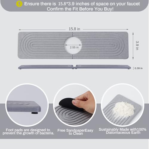 Stone Faucet Mat for Kitchen Sink, Faucet Mat Fast Drying Diatomite, Sink Splash Guard Water Absorbing Stone Tray for Sink, Counter Protector for Kitchen & Bathroom - color: Gray.15.8" x 3.9"
