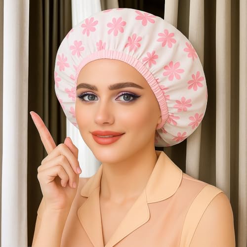 2Pcs Waterproof Shower Cap Set, Elastic Band, Reusable EVA Bathing Caps, Ideal for Long Hair & Various Hairstyles Protection,Green+Red Snowflake