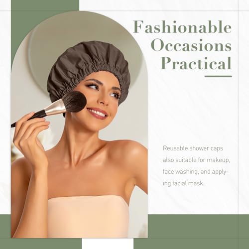 Edoneery Reusable Shower Caps for Women, Waterproof Long Hair Bonnet | Washable Design, Wide Elastic Band, Large Fit, Holds Long Hair, Braids Friendly, Bath Accessories, Spa, Travel - color: Dark Coffee