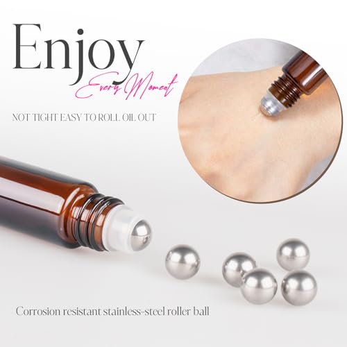 10ml Roller Bottles for Essential Oils, 4 Pack Glass Roll on Bottles, Refillable Perfume Bottle, with Stainless Steel Roller Balls, 2 Droppers, 1 Opener, Labels (Amber) - color: Brown