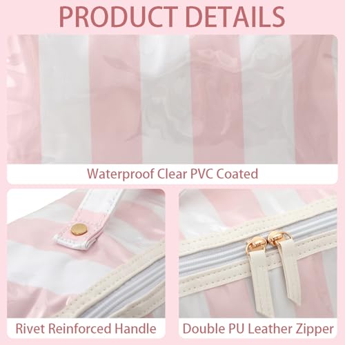 DYSHAYEN Stripe Travel Makeup Bag with Compartments Clear Coated Cosmetic Bag for Women, Waterproof Portable Open Flat Toiletry bag （White-Pink） - color: White-Pink