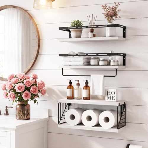 Fixwal Wall Mounted Bathroom Shelves Over Toilet, Rustic Wood Floating Shelves with Metal Frame and Towel Bar for Bathroom, Kitchen, Bedroom, Living Room (3 Plus 1 White) - color: 4-white