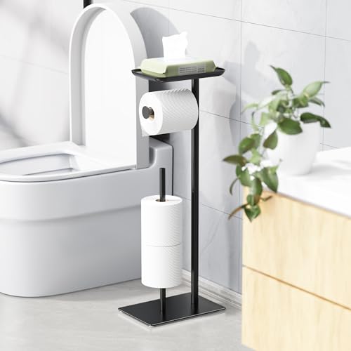 Toilet Paper Holder Stand with Top Storage Shelf, Free Standing Toilet Roll Dispenser for Bathroom, Holds 4 Reserve Rolls - color: Matte Black