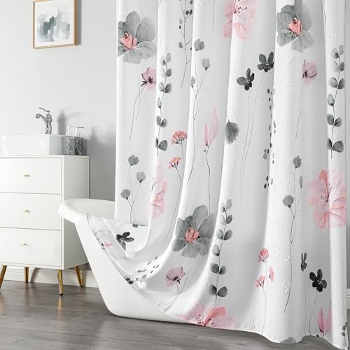 QiyI Watercolor Floral Shower Curtain, 3D Embossed Butterflies Grey Pink Flower Bathroom Curtain, Minimalist White Cloth Bath Curtain, Waterproof Fabric Textured Shower Curtain Set with Hooks, 72x72 - color: Graphite Gray, size: 72"W x 72"L (Pack of 1)
