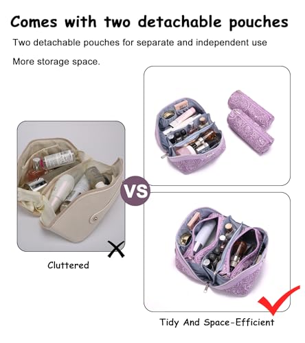 BOYATU Travel Makeup Bags Cosmetic Organizer Bag: 3 Pcs Set Large Capacity Floral Make up Bag with Compartments - Waterproof Leather Toiletry Bags with Handle for Women (21-Purple) - color: 21-Purple