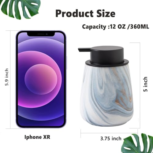 12Oz Foaming Hand Soap Dispenser - Ceramic Bathroom Foam Soap Dispenser with Easy-to-Press Black Pump, Refillable Lotion Hand Dispenser, Dish Soap Dispensers for Kitchen, Marble Blue - color: Marble Blue, style: Foam Pump