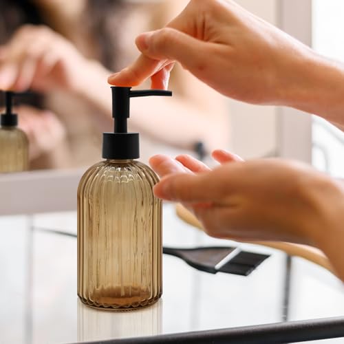 2 Pack 14oz Amber Glass Soap Dispenser with Black Pump – Refillable for Hand Soap, Dish Soap, Lotion, Suited for Kitchen, Bathroom & Laundry Room (Brown) - color: Brown