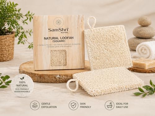 Natural Loofah Sponge 2 Pack, Real Luffa Body Scrubber for Shower, Exfoliating Bath Sponge for Face and Body, Loofah for Men and Women, Biodegradable Reusable Bath Sponge Pads, Square Shape